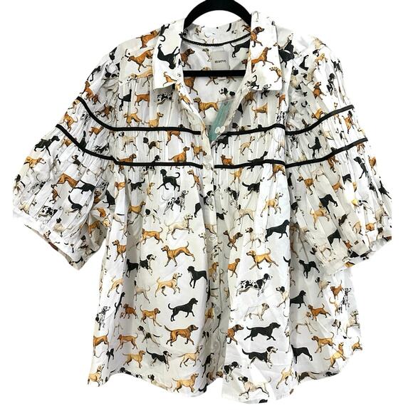 MAEVE Anthropologie The Leandra Shirred Yoke Blouse Dog Icon Print - 3X - NWT - Picture 2 of 5